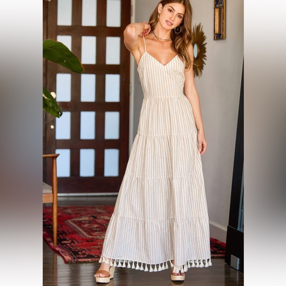 Lulus Tan Striped Maxi Dress with fringe - Size Small